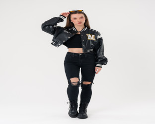 جاكيت بومبر قصير جلد Faux Leather Varsity Jacket