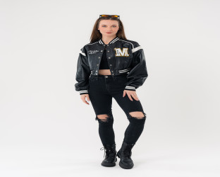 جاكيت بومبر قصير جلد Faux Leather Varsity Jacket