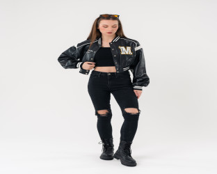 جاكيت بومبر قصير جلد Faux Leather Varsity Jacket