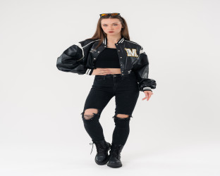 جاكيت بومبر قصير جلد Faux Leather Varsity Jacket