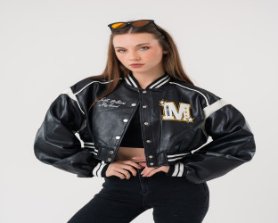 جاكيت بومبر قصير جلد Faux Leather Varsity Jacket
