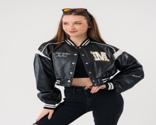 جاكيت بومبر قصير جلد Faux Leather Varsity Jacket