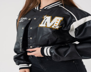 جاكيت بومبر قصير جلد Faux Leather Varsity Jacket