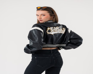 جاكيت بومبر قصير جلد Faux Leather Varsity Jacket