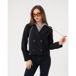 جاكيت قصير أسود مزدوج الأزرار مع غطاء رأس رياضي رمادي Cropped Double-Breasted Jacket with Detachable Gray Hoodie