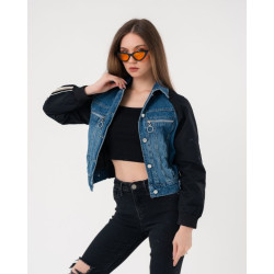 جاكيت دينم قصير بأكمام سوداء Cropped Denim Jacket with Black Sleeves