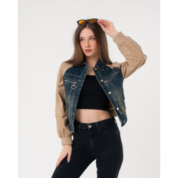 جاكيت دينم قصير بأكمام باللون الجملي Cropped Denim Jacket with Camel Sleeves