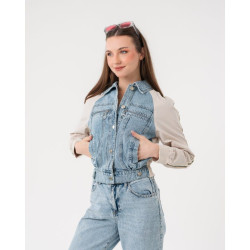 جاكيت دينم قصير بأكمام باللون العاجي Cropped Denim Jacket with Off White Sleeves