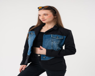 بليزر أسود بقصة ضيقة مع قماش الدينم Black Blazer with Denim Front
