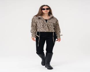 جاكيت دينيم بنقشة جلد النمر Denim Cropped Leopard Print Jacket