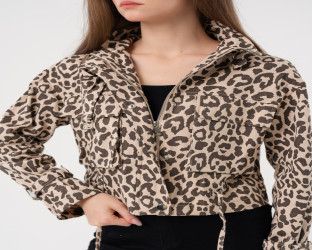 جاكيت دينيم بنقشة جلد النمر Denim Cropped Leopard Print Jacket