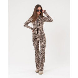 طقم توب وبنطلون بطبعة جلد النمر Leopard Print Zipped Top and Wide-Leg Trousers