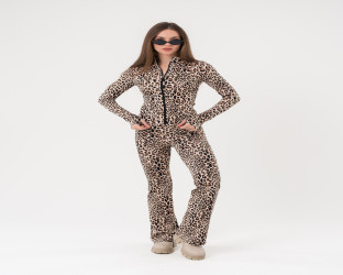 طقم توب وبنطلون بطبعة جلد النمر Leopard Print Zipped Top and Wide-Leg Trousers