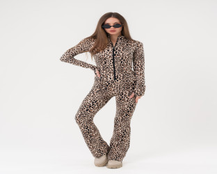 طقم توب وبنطلون بطبعة جلد النمر Leopard Print Zipped Top and Wide-Leg Trousers