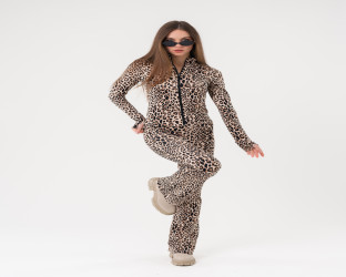 طقم توب وبنطلون بطبعة جلد النمر Leopard Print Zipped Top and Wide-Leg Trousers