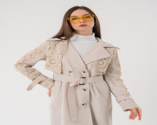 معطف ترنش طويل بتطريز كروشيه Trench Coat with Handmade Crochet