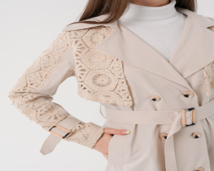 معطف ترنش طويل بتطريز كروشيه Trench Coat with Handmade Crochet