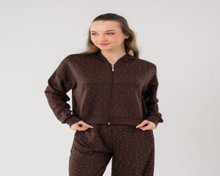 طقم بدلة رياضي نسائي (تراكسوت) مزينة بقطع كريستال Women's Rhinestone Studded Tracksuit