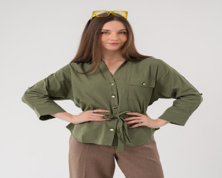 قميص كاجوال بأكمام ثلاثة أرباع ورباط لتحديد الخصر Casual Shirt with Drawstring Waist and 3/4 Sleeves