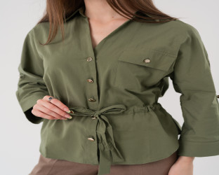 قميص كاجوال بأكمام ثلاثة أرباع ورباط لتحديد الخصر Casual Shirt with Drawstring Waist and 3/4 Sleeves