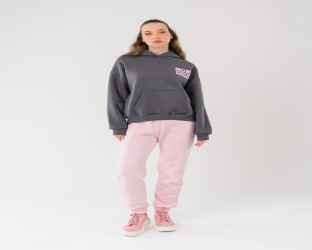 طقم هودي رمادي وبنطلون وردي Dark Gray Oversized Hoodie and Light Pink Joggers Set