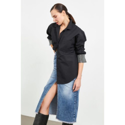 قميص قطني اسود فضفاض Oversized Black Cotton Shirt with Long Sleeves