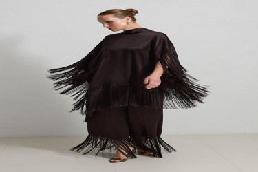 طقم بلوزة وبنطال بتفاصيل شرّابات Chocolate Tassel Detailed Blouse And Trouser Set