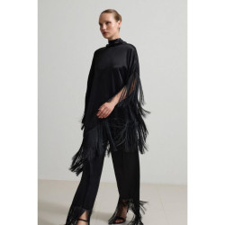 طقم بلوزة وبنطال اسود بتفاصيل شرّابات Black Tassel Detailed Blouse And Trouser Set