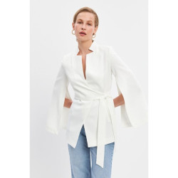 جاكيت عاجي بأكمام ضيقة وتفاصيل رباط عند الخصر Ecru Narrow Formwork Sleeve Detailed Waist Tie Detailed Jacket
