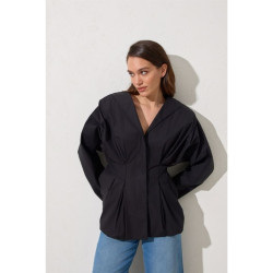 قميص اسود قطن 100% بتصميم مريح ومخصر 100% Cotton Comfortable Fit Shirt with Gathered Waist Detail