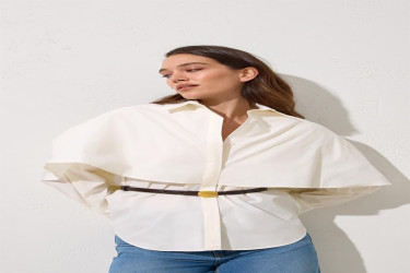 قميص عاجي قطن 100% مع حزام عند الخصر Ecru 100% Cotton Belt Detailed Shirt