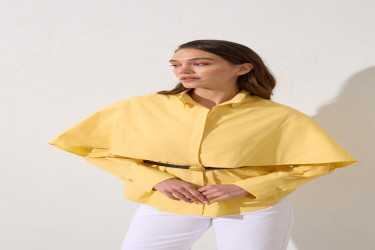 قميص اصفر قطن 100% مع حزام عند الخصر Yellow 100% Cotton Belt Detailed Shirt