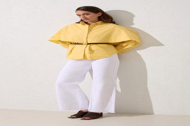 قميص اصفر قطن 100% مع حزام عند الخصر Yellow 100% Cotton Belt Detailed Shirt