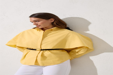 قميص اصفر قطن 100% مع حزام عند الخصر Yellow 100% Cotton Belt Detailed Shirt