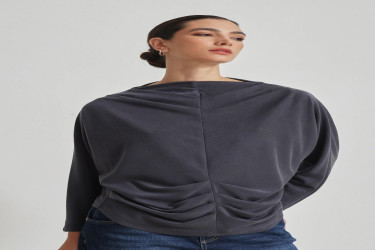 بلوزة بأكمام طويلة باللون المدخن Smoked Pucker Detailed Long Sleeve Blouse