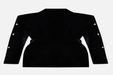 جاكيت أسود بتفاصيل حجر وياقة وتربط أمامية Black Stone and Collar Detailed Tie-Up Jacket