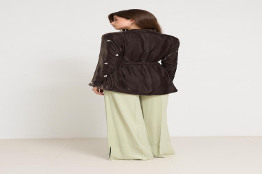 جاكيت خاكي بتفاصيل حجر وياقة وتربط أمامية Haki Stone and Collar Detailed Tie-Up Jacket
