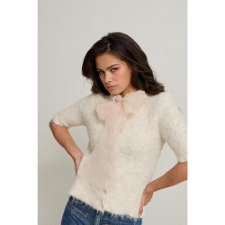 جاكيت تريكو بيج بأكمام قصيرة وتفاصيل فيونكة Open Beige Bow Detailed Short Sleeve Knitwear