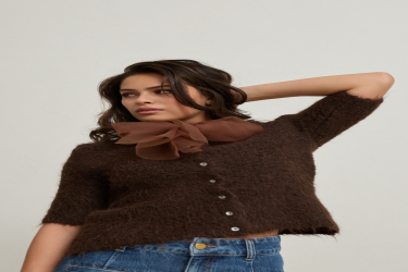 جاكيت تريكو بني بأكمام قصيرة وتفاصيل فيونكة Open Brown Bow Detailed Short Sleeve Knitwear