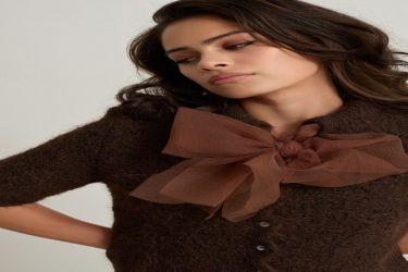 جاكيت تريكو بني بأكمام قصيرة وتفاصيل فيونكة Open Brown Bow Detailed Short Sleeve Knitwear