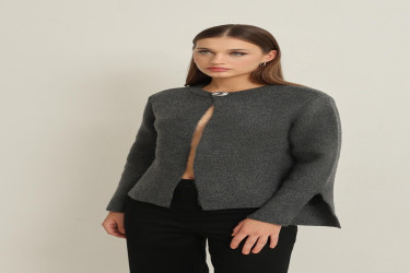 جاكيت تريكو بتفاصيل في الأكمام Anthracite Sleeve Detailed Basic Knitwear