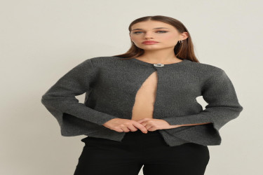 جاكيت تريكو بتفاصيل في الأكمام Anthracite Sleeve Detailed Basic Knitwear