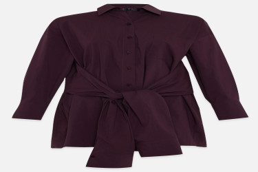 قميص عنابي بأكمام طويلة وتفاصيل حزام من القطن 100% 100% Cotton Strap-on Detailed Long Sleeve Shirt