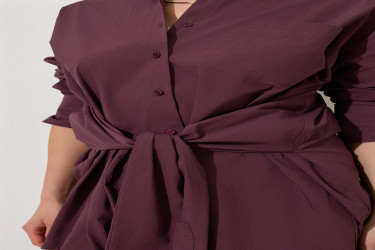 قميص عنابي بأكمام طويلة وتفاصيل حزام من القطن 100% 100% Cotton Strap-on Detailed Long Sleeve Shirt