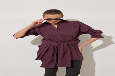 قميص عنابي بأكمام طويلة وتفاصيل حزام من القطن 100% 100% Cotton Strap-on Detailed Long Sleeve Shirt