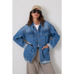 جاكيت جينز أزرق بتفاصيل شد الخصر وجيوب مثبّتة Blue Waist Pucker and Seated Pocket Detailed Denim Jacket