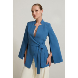 جاكيت ازرق بأكمام ضيقة وتفاصيل رباط عند الخصر Blue Narrow Formwork Sleeve Detailed Waist Tie Detailed Jacket
