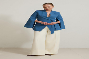 جاكيت ازرق بأكمام ضيقة وتفاصيل رباط عند الخصر Blue Narrow Formwork Sleeve Detailed Waist Tie Detailed Jacket
