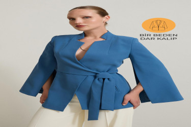 جاكيت ازرق بأكمام ضيقة وتفاصيل رباط عند الخصر Blue Narrow Formwork Sleeve Detailed Waist Tie Detailed Jacket