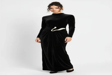 فستان مخملي بتفاصيل وإكسسوار على الخصر Waist Accessory Detailed Velvet Dress